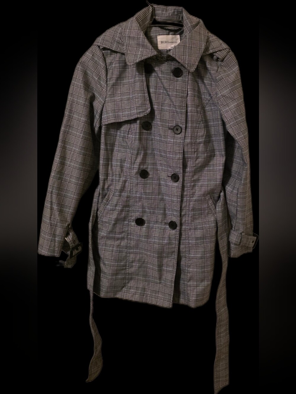 BCBGeneration Gray Plaid Double-Breasted Trench with Belt